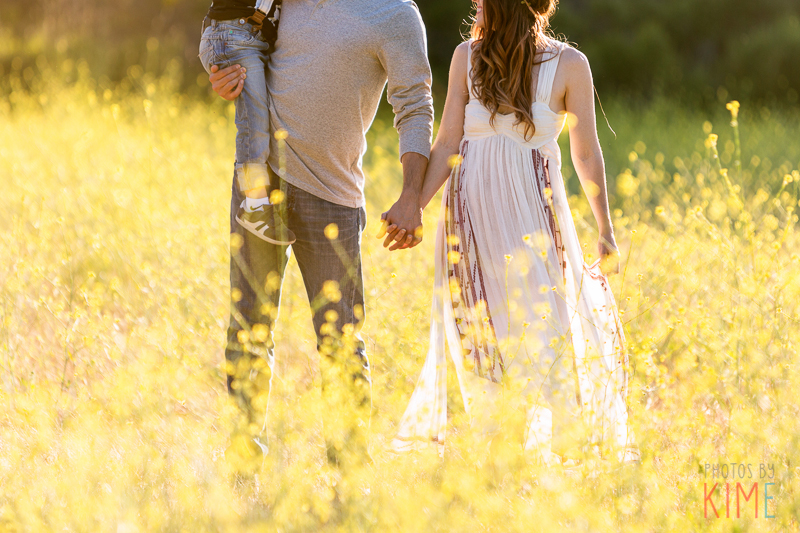 photos by kim e - san jose photographer - family session at rancho san antonio - sunset - rustic - family session - golden hour  - family of three posing - field - rustic 