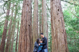 family of three kissing in a redwood fairy ring