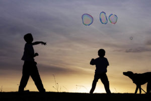 two boys and a dog playing with bubbles for silhouette photograph