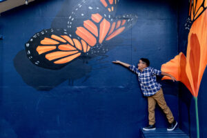boy standing next to a butterfly and poppy mural in downtown los altos